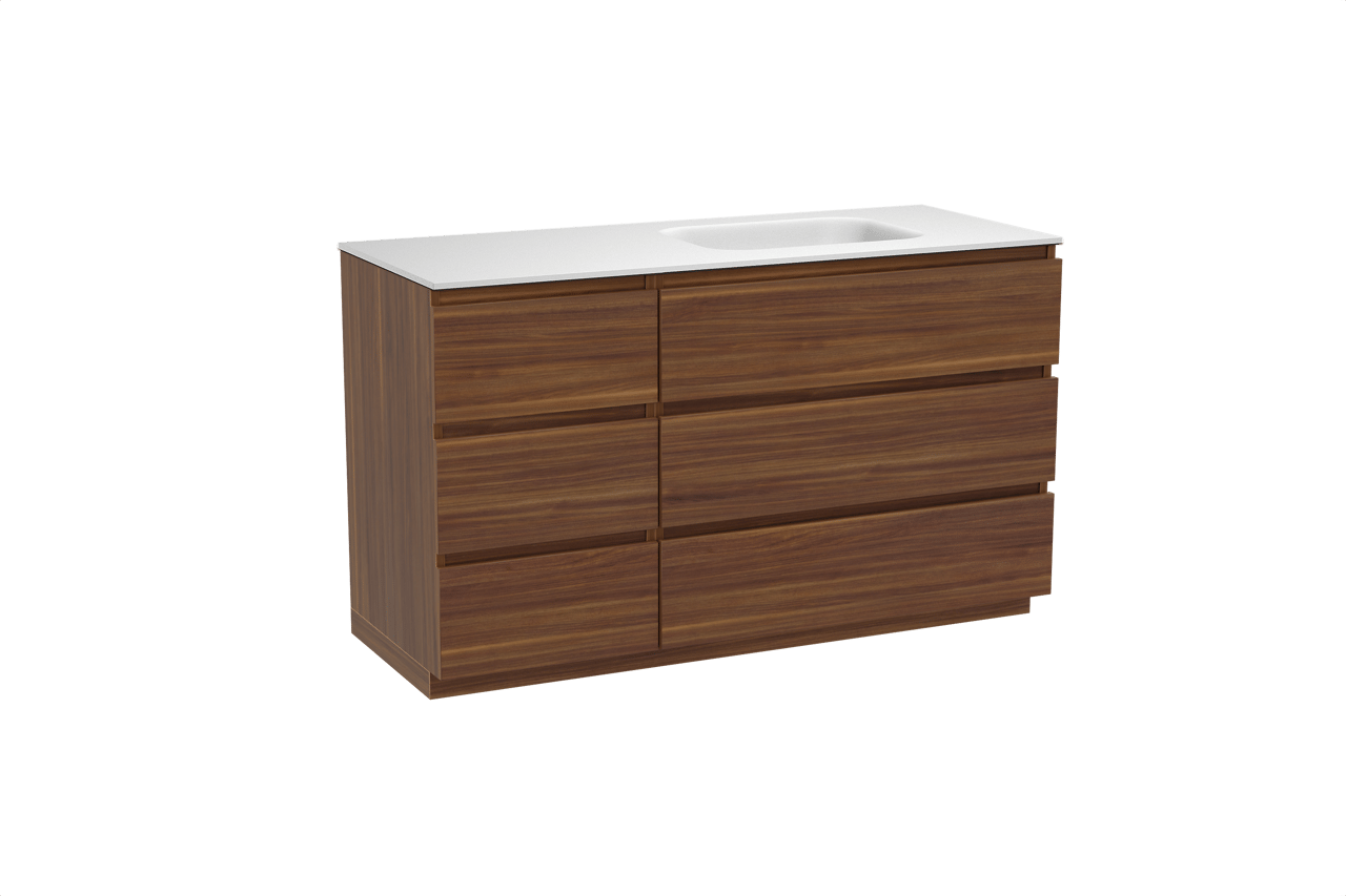 Balmani Lucida meuble salle de bains à poser 135 x 55 cm noyer américain avec Tablo Arcato vasque asymétrique droite en solid surface blanc mat