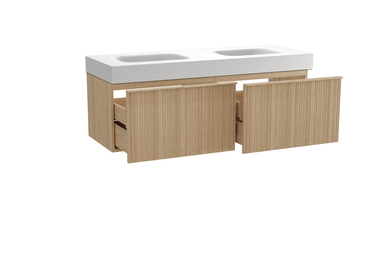 Balmani Forma meuble salle de bains suspendu 150 x 55 cm chêne naturel avec Arcato double vasque en solid surface blanc mat, Nervure circulaire asymétrique verticale