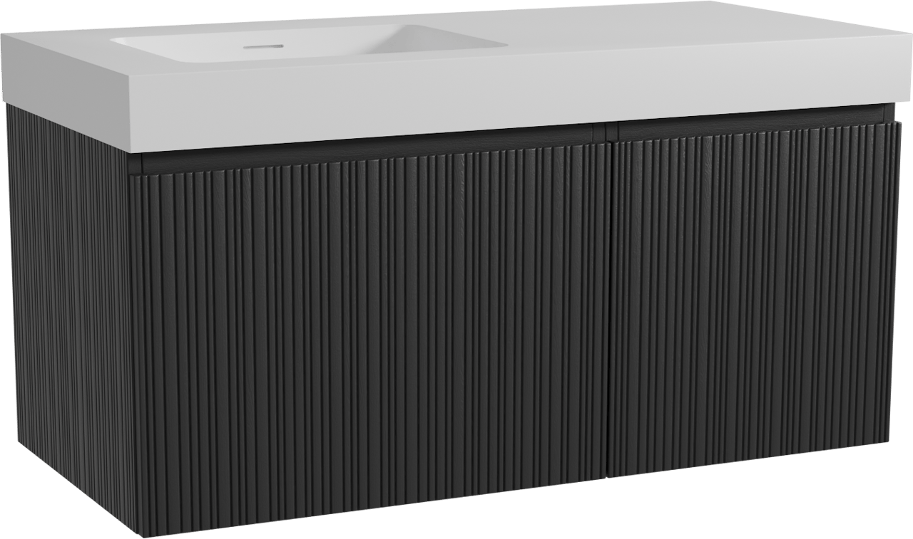Storke Ribs zwevend badmeubel 110 x 52 cm zwart eiken met Mata High asymmetrisch linkse wastafel in solid surface mat wit, Verticale asymmetrische rechte ribbel