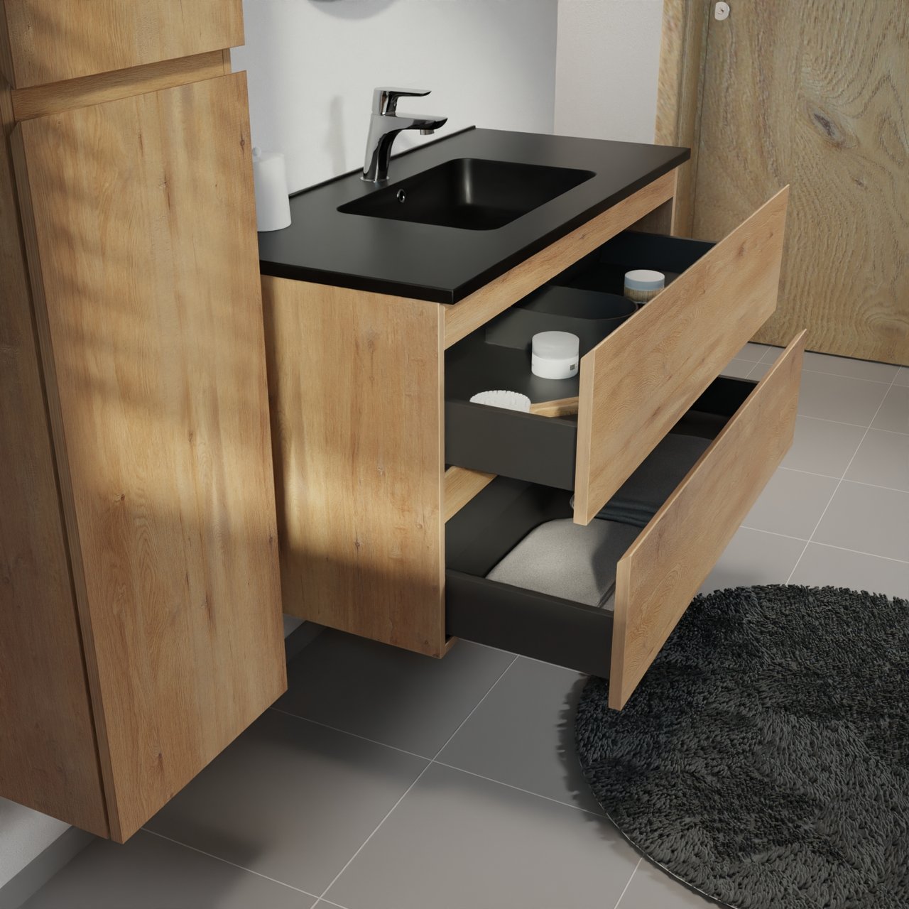 Linie Lado hängendes Möbelstück Set: 100 x 46 cm, Naturbelassene Eiche, mit Vano Einzelwaschtisch, Marmorkomposit Schwarz matt