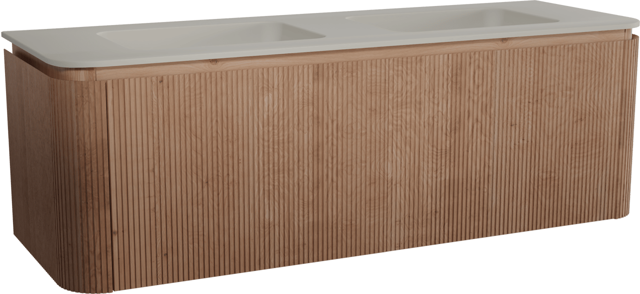 Balmani Moon hängendes Möbelstück Set: 160 x 55 cm, Naturbelassene Eiche, mit Moon Doppelwaschtisch, Top Solid, Seidengrau, Vertikale symmetrische gerade Rippe