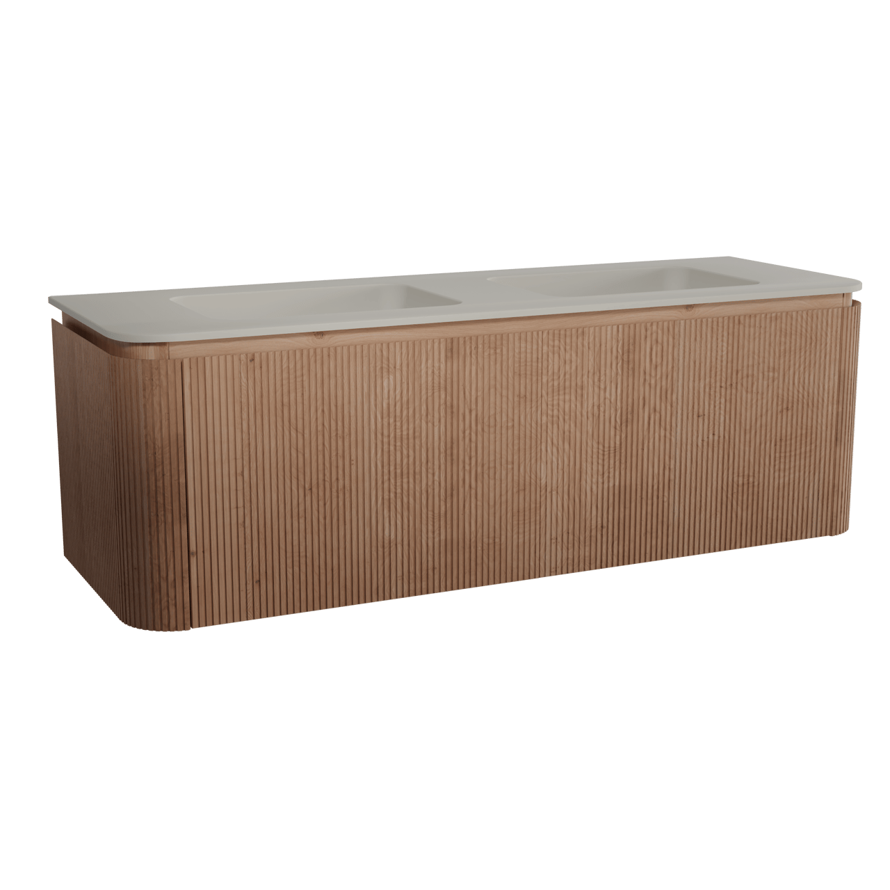 Balmani Moon zwevend badkamermeubel 160 x 55 cm natuur eik met Moon dubbele wastafel in top solid zijdegrijs, Verticale symmetrische rechte ribbel