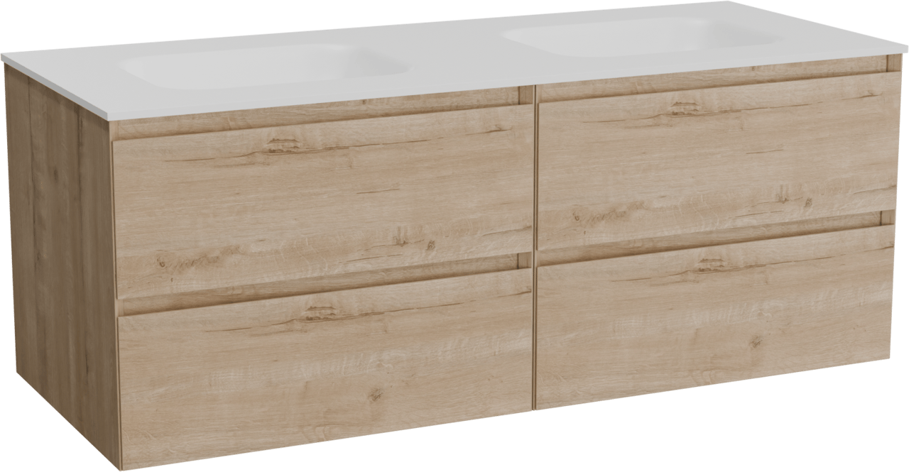 Balmani Mitra zwevend badkamermeubel 135 x 55 cm ruwe eik met Tablo Arcato dubbele wastafel in solid surface mat wit