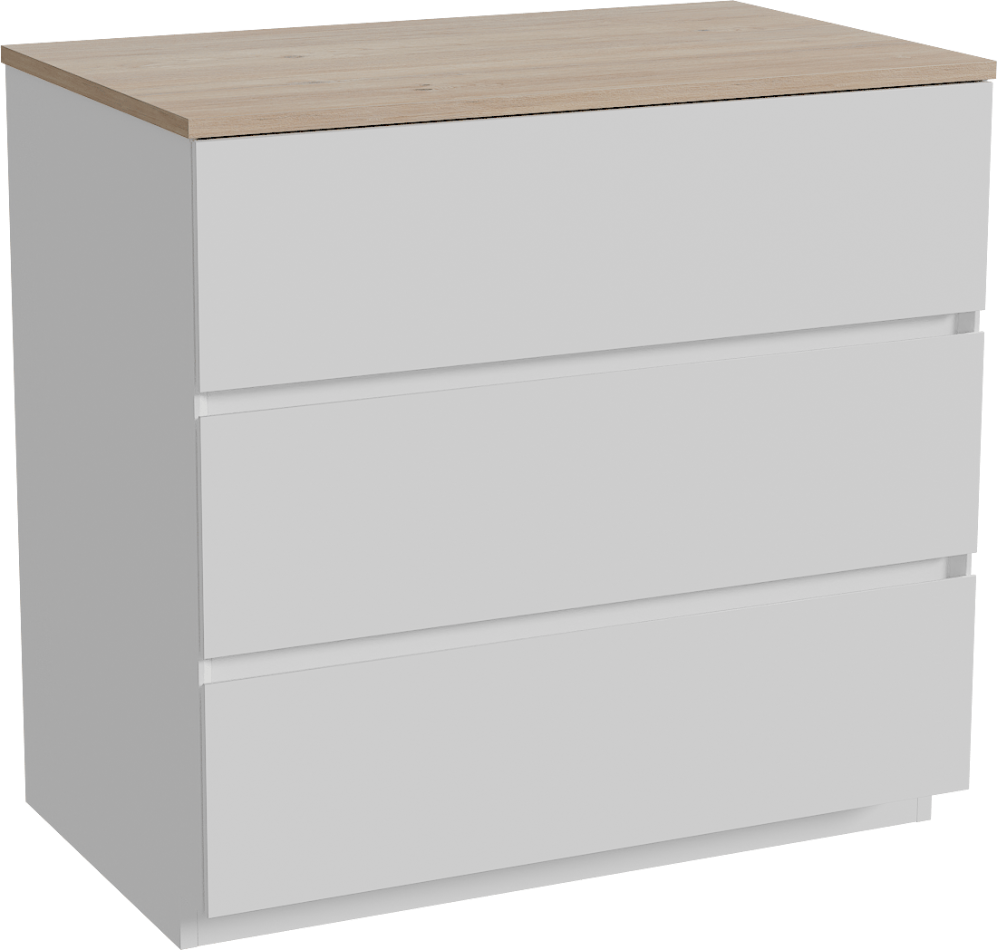 Storke Edge freistehendes Möbelstück Set: 85 x 52 cm, Weiß matt, mit Panton Einzel Waschtischplatte, Melamin Rohe Eiche