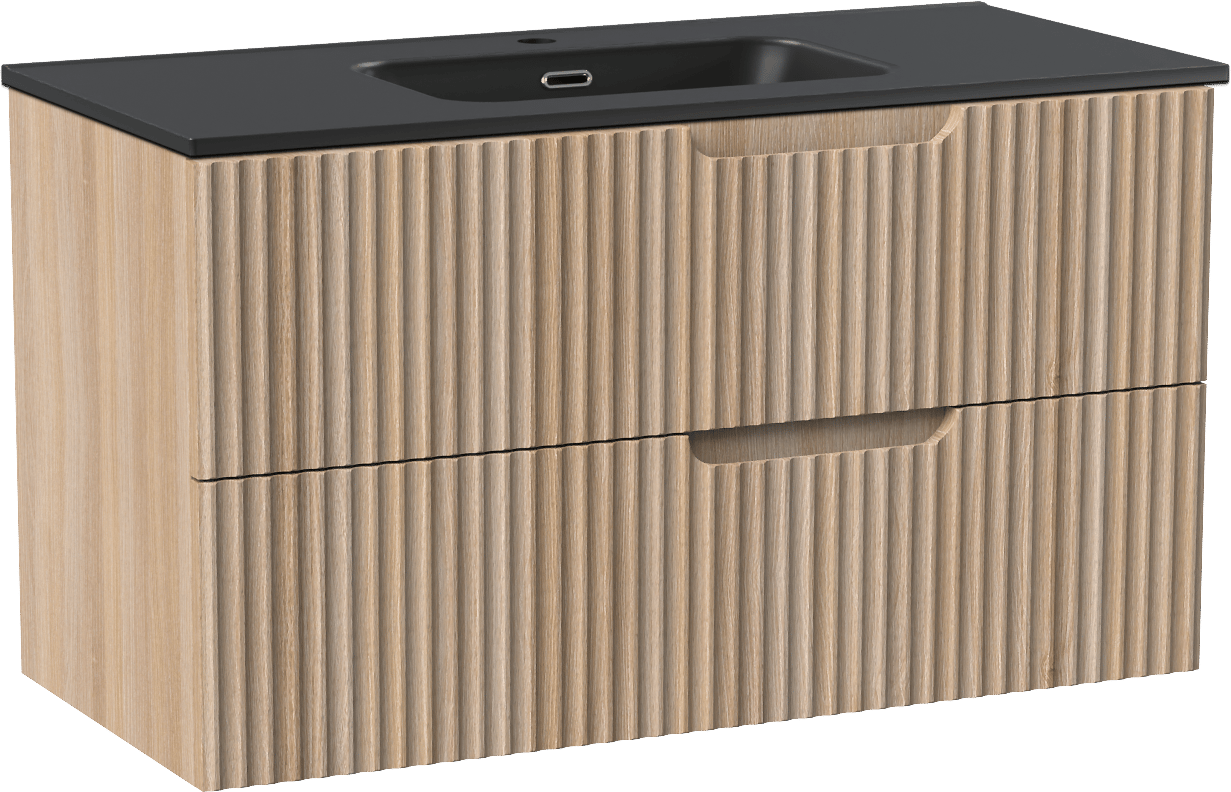 Linie Ribbo zwevend badmeubel 100 x 46 cm licht eiken met Baro enkele wastafel in porselein mat zwart, Verticale symmetrische ronde ribbel