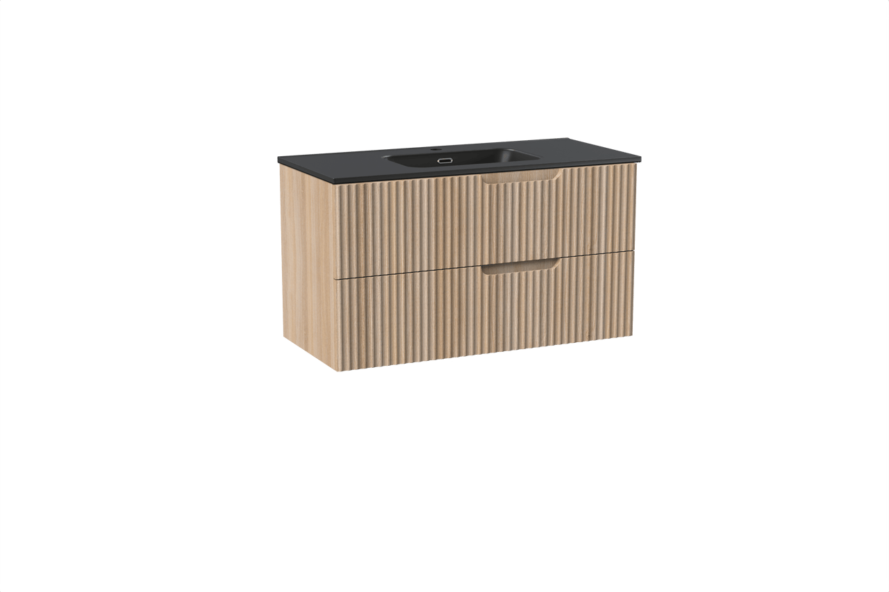 Linie Ribbo zwevend badkamermeubel 100 x 46 cm lichte eik met Baro enkele wastafel in porselein mat zwart, Verticale symmetrische ronde ribbel