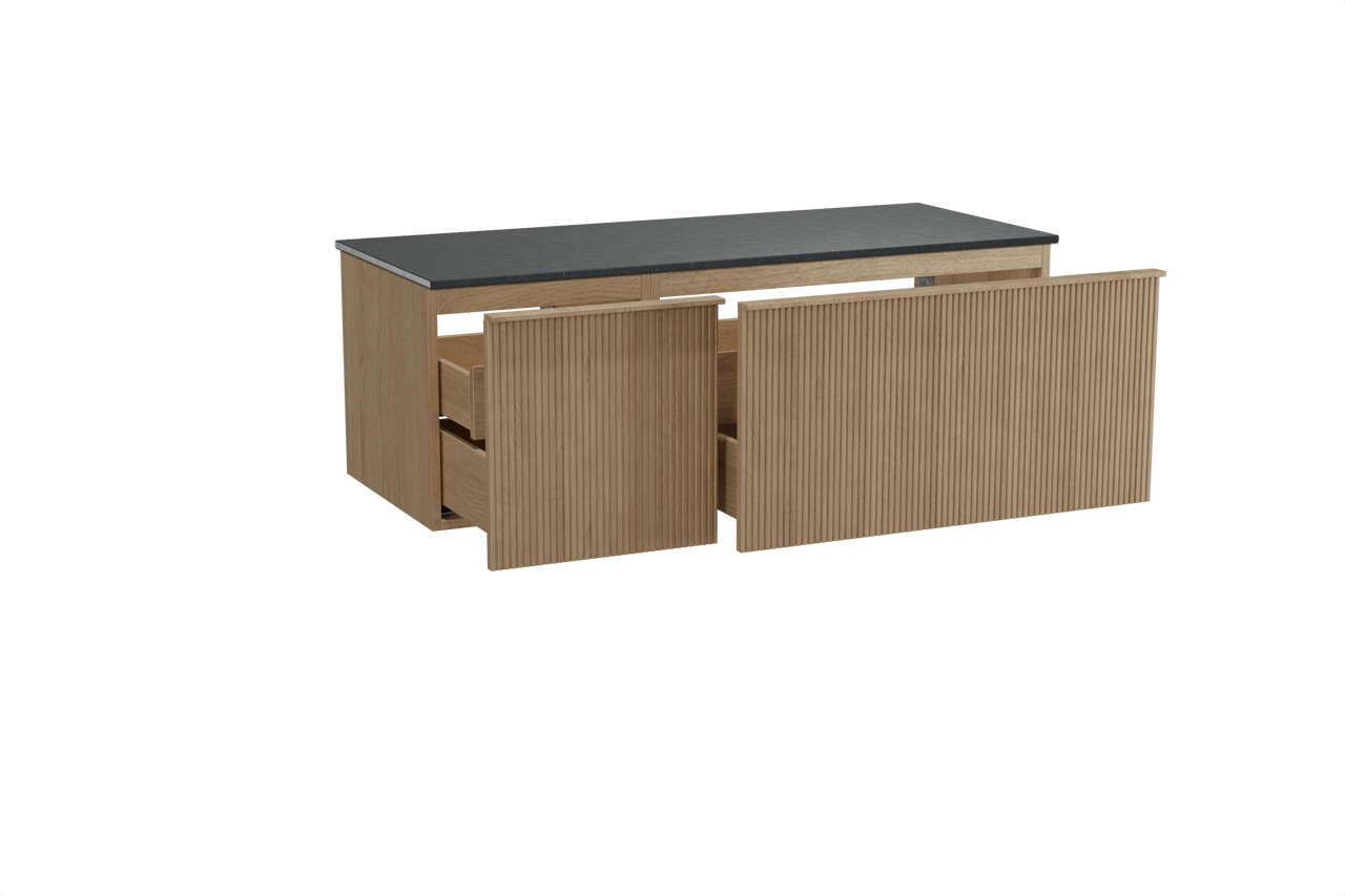 Balmani Forma zwevend badkamermeubel 135 x 55 cm natuur eik met Stretto enkel of dubbel tablet in graniet zwart, Verticale symmetrische rechte ribbel