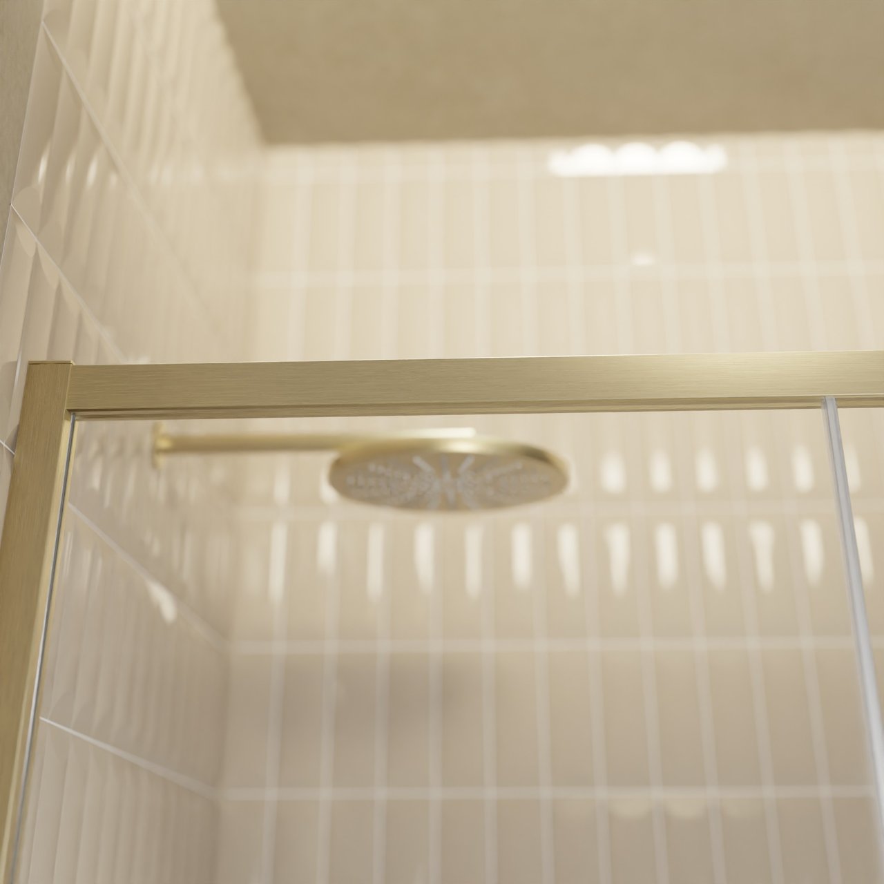 Balmani Senses Design Dusche Schiebetür, Links, 140 cm x 210 cm, Klarglas mit mattiertem Streifen, Profil Brushed Champagner Gold