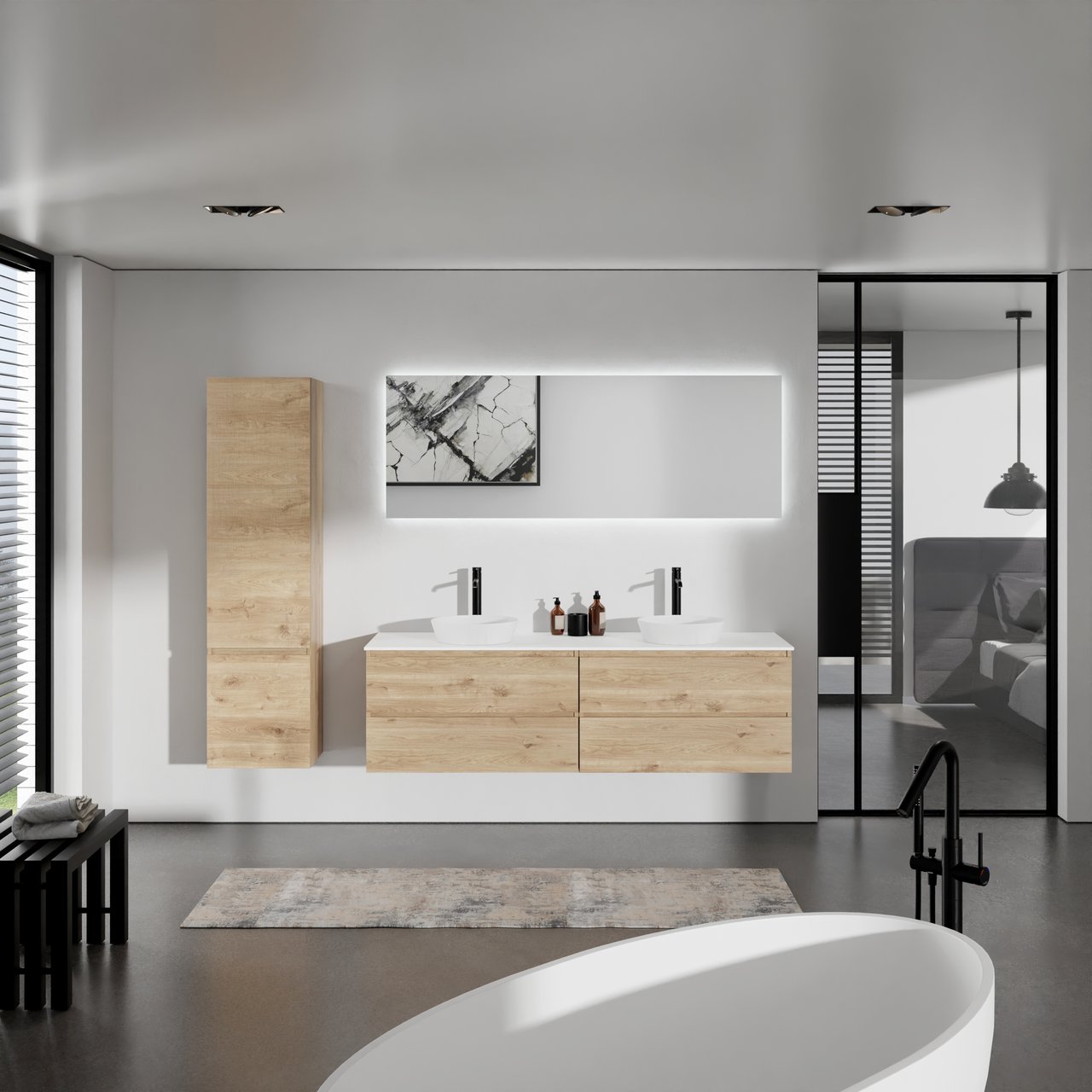 Balmani Lucida meuble salle de bains suspendu 180 x 55 cm chêne brut avec Stretto tablette simple ou double en solid surface blanc mat