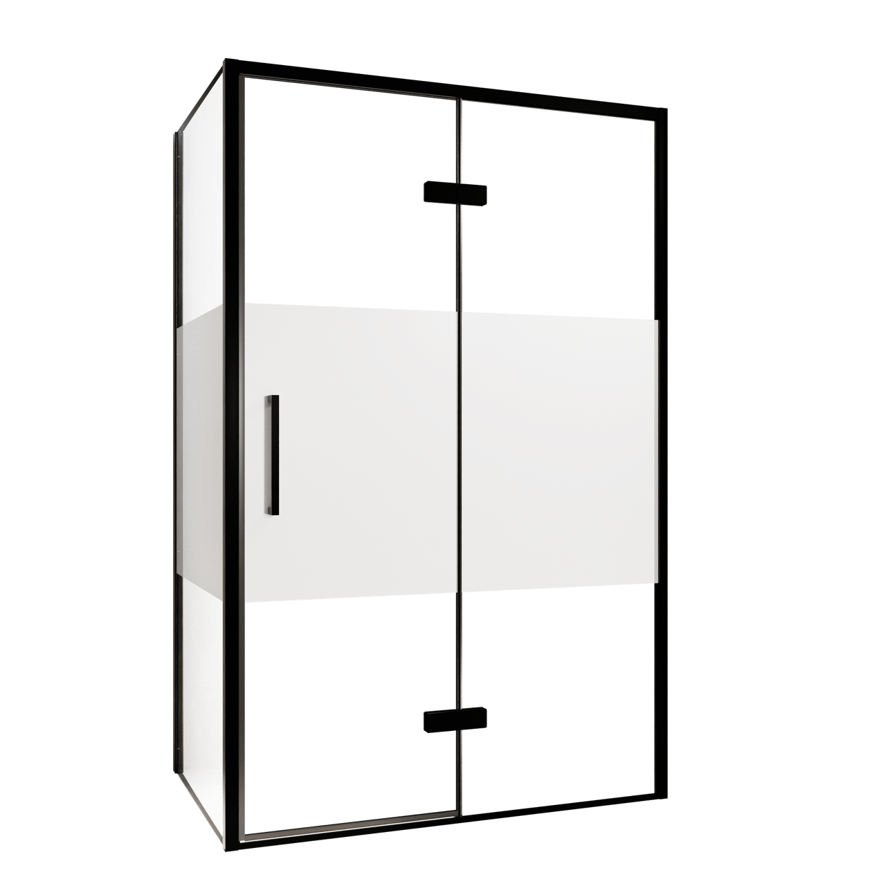 Balmani Senses Design douchehoek met rechtse draaideur en vaste zijwand, 120 x 100 cm, Helder glas met matte strook, Zwarte profielen, met coating