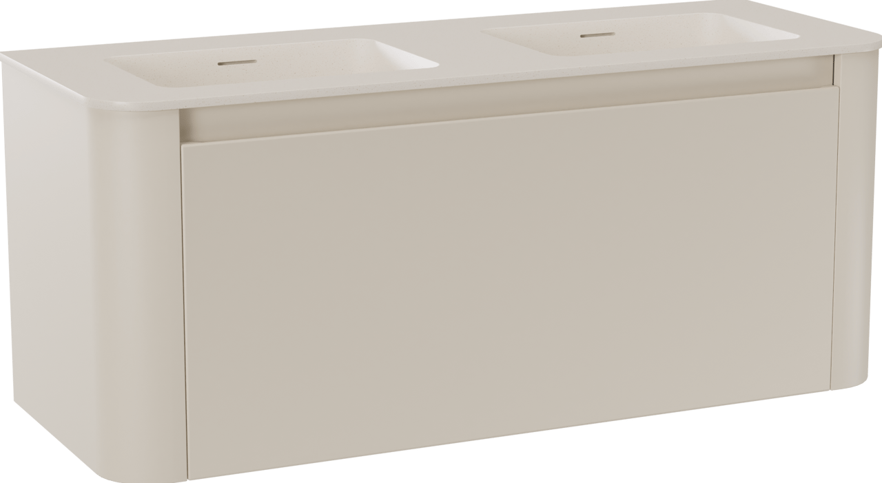 Storke Soft meuble salle de bains suspendu 120 x 46 cm Sand mat avec Mata Soft double vasque en Solid Surface beige granite