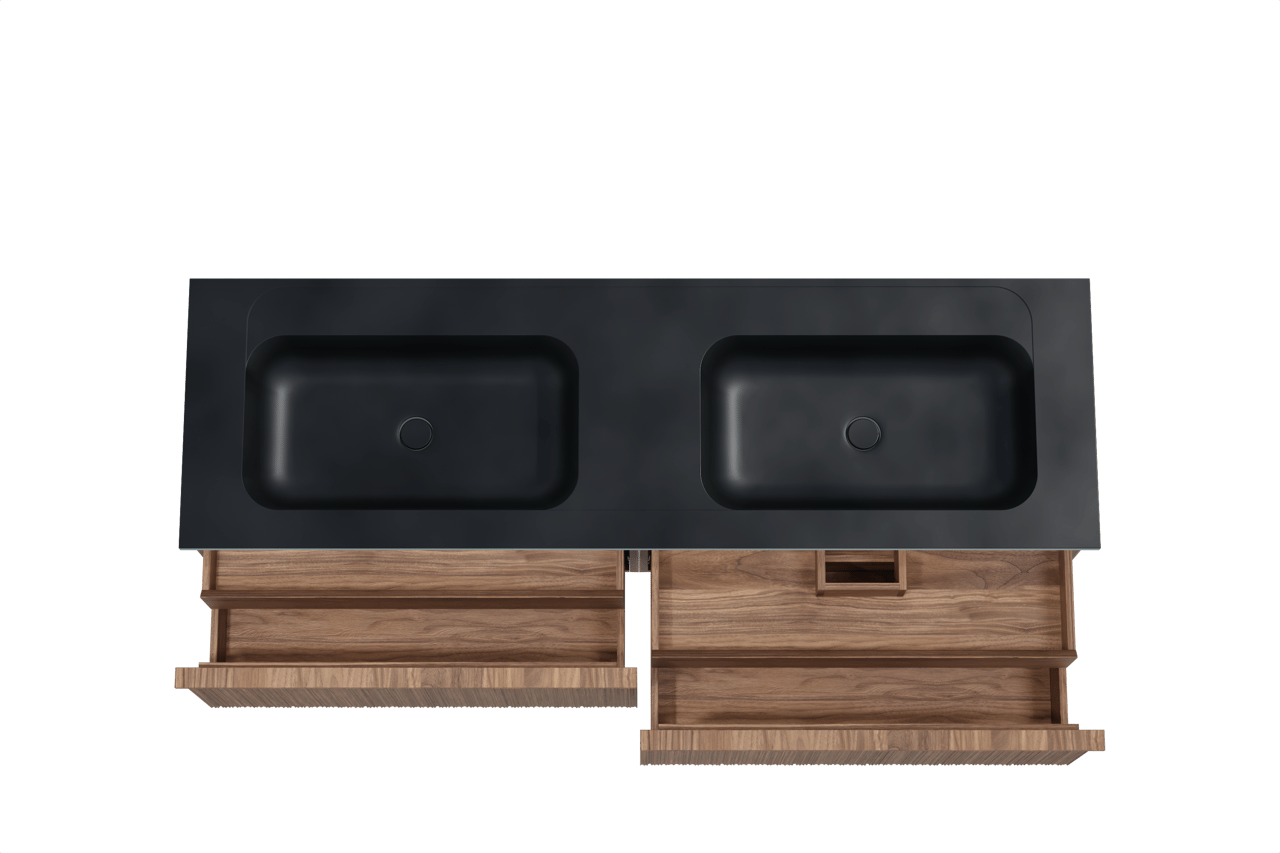 Balmani Forma meuble salle de bains suspendu 180 x 55 cm noyer américain avec Tablo Strada double vasque en marbre composite noir mat, Nervure circulaire asymétrique verticale