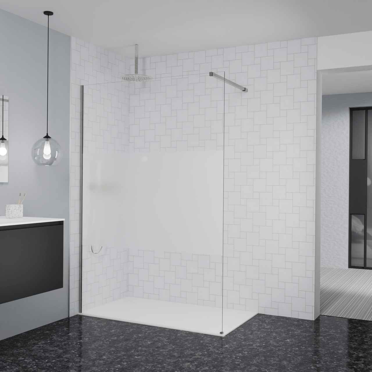 Balmani Modular Walk-In Dusche: 140 x 200 cm, Klarglas mit mattiertem Streifen, inklusive Coating, Profil Brushed CoolMetal