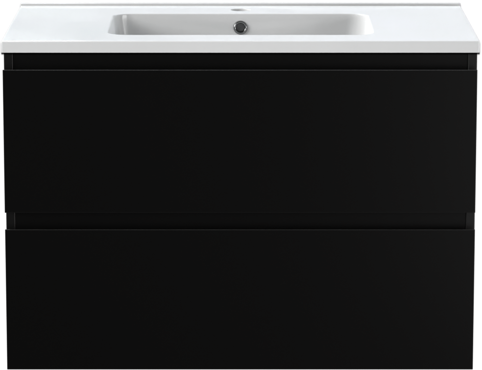 Linie Lado hängendes Möbelstück Set: 80 x 46 cm, Schwarz matt, mit Vano Einzelwaschtisch, Marmorkomposit Weiß glänzend
