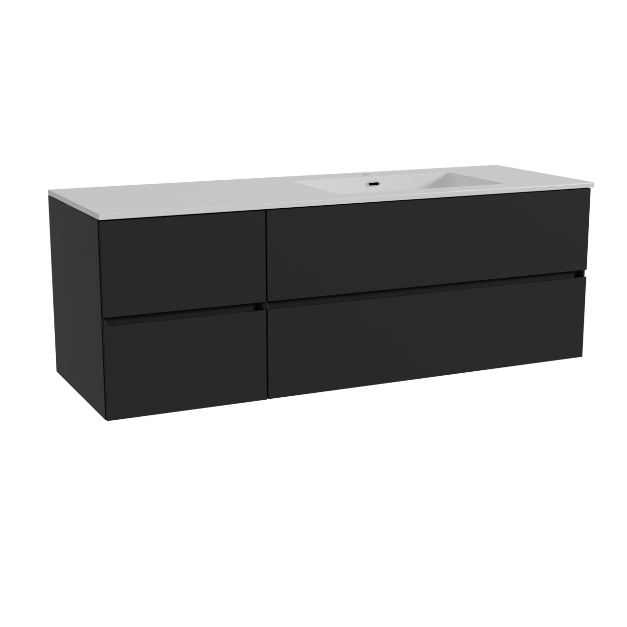 Storke Edge meuble salle de bains suspendu 150 x 52 cm noir mat avec Diva plan vasque asymétrique à droite en marbre composite blanc brillant