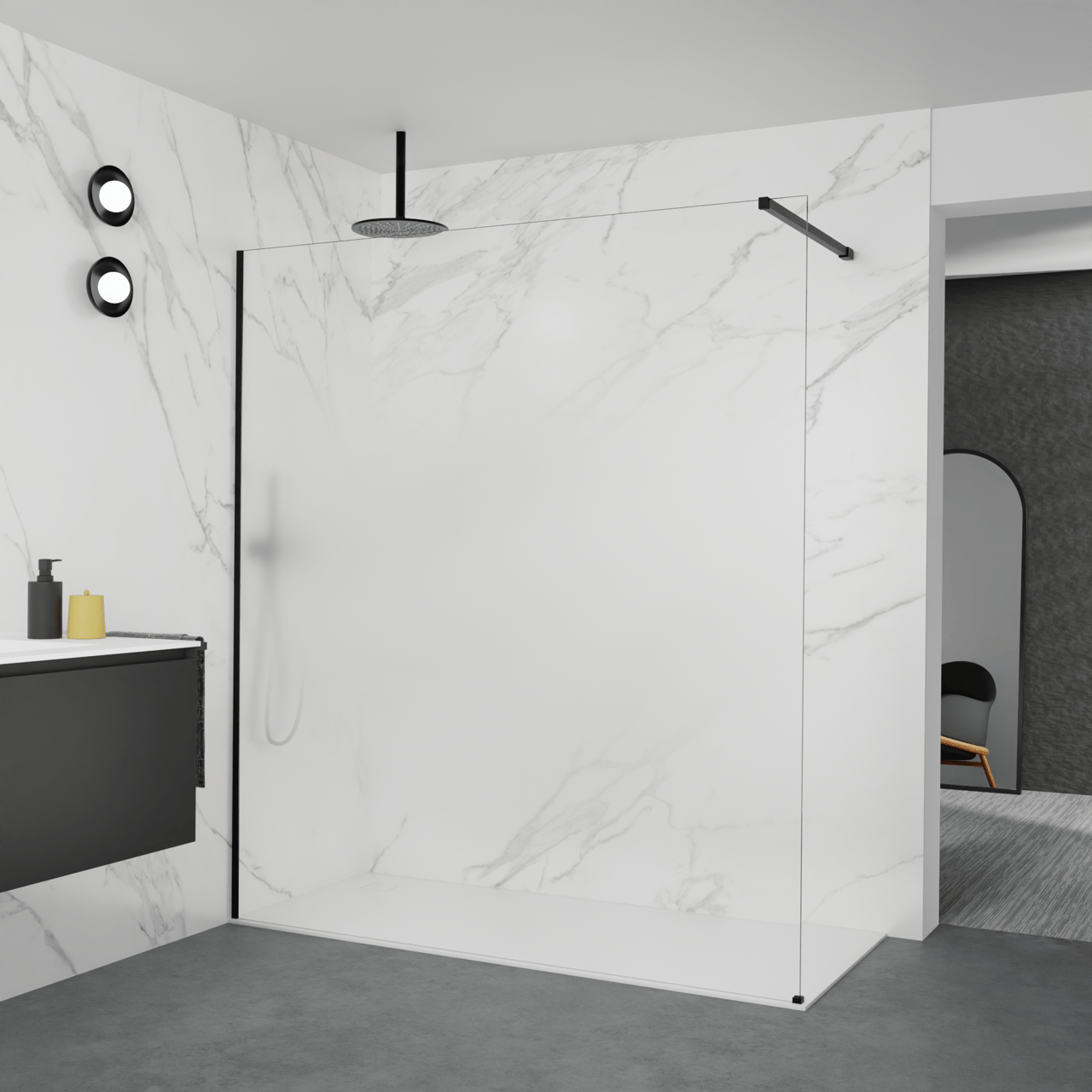 Balmani Modular Walk-In Dusche: 180 x 200 cm, Permafrost, inklusive Coating, Profil Schwarz matt