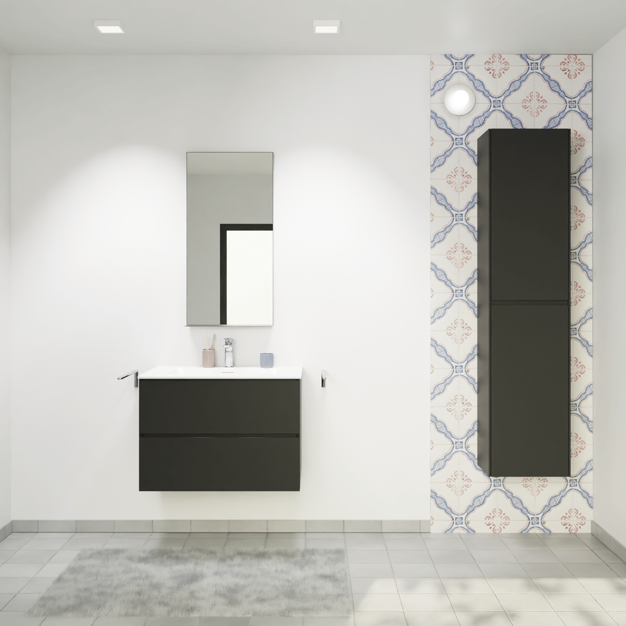 Storke Edge zwevend badmeubel 75 x 52 cm mat zwart met Mata enkele wastafel in solid surface mat wit