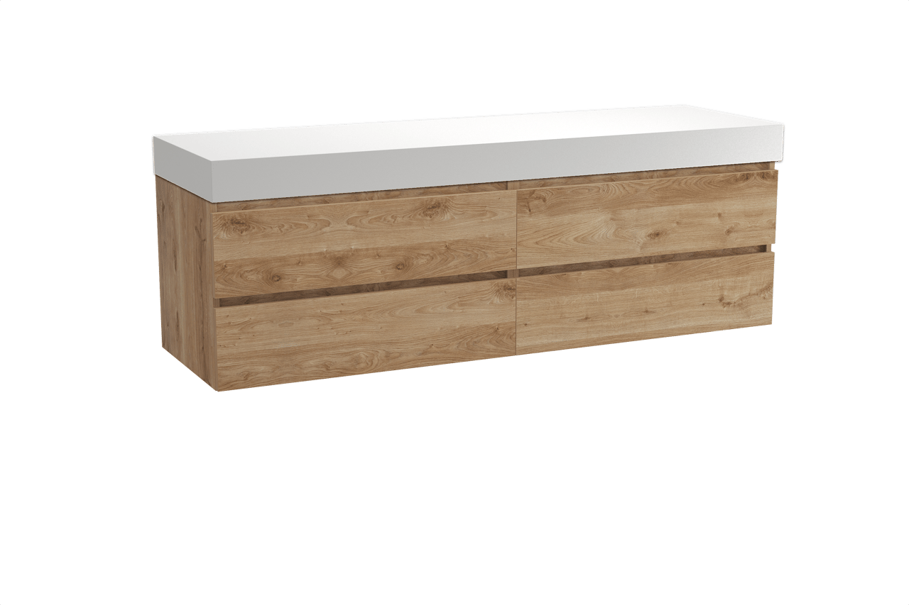 Balmani Lucida zwevend badkamermeubel 180 x 55 cm ruwe eik met Dominus enkel of dubbel tablet in solid surface mat wit