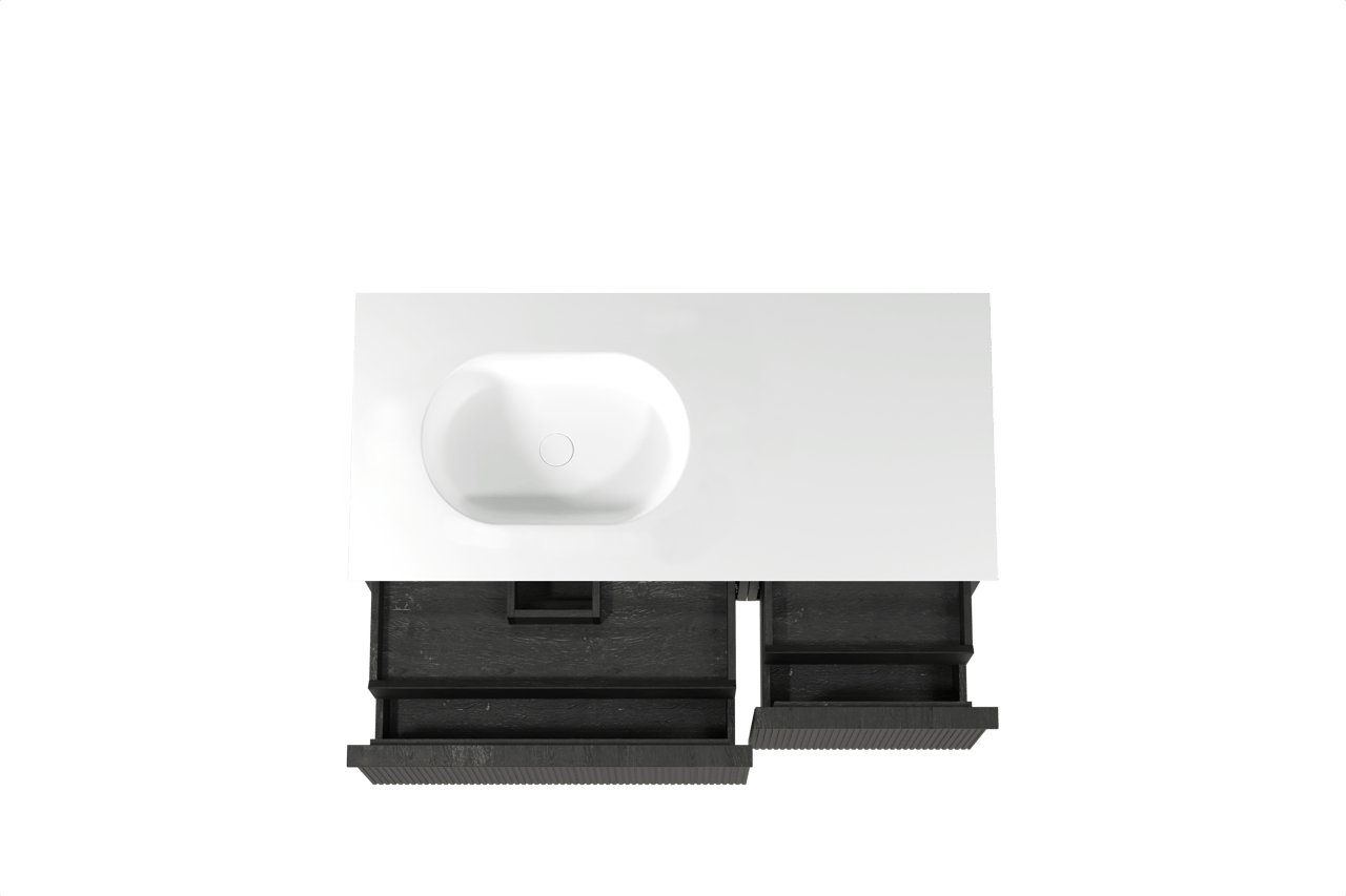 Balmani Forma hängendes Möbelstück Set: 120 x 55 cm, Schwarze Eiche, mit Tablo Oval Waschtisch links, Solid Surface, Weiß matt, Vertikale symmetrische gerade Rippe