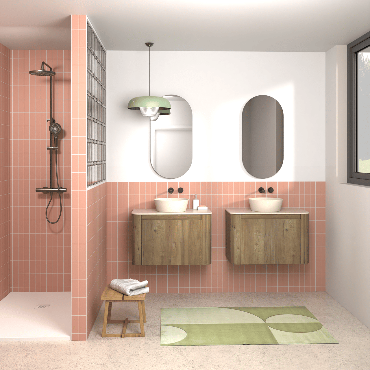 Storke Soft zwevend badkamermeubel 80 x 46 cm ruwe eik met Tavola Soft enkele tablet in solid surface beige granita