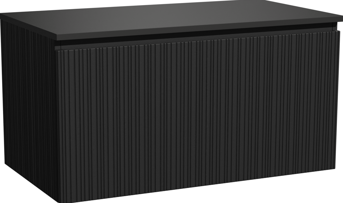 Storke Ribs meuble salle de bains suspendu 95 x 52 cm chêne noir avec Panton tablette simple en mdf enduit de poudre noir mat, Nervure droite asymétrique verticale