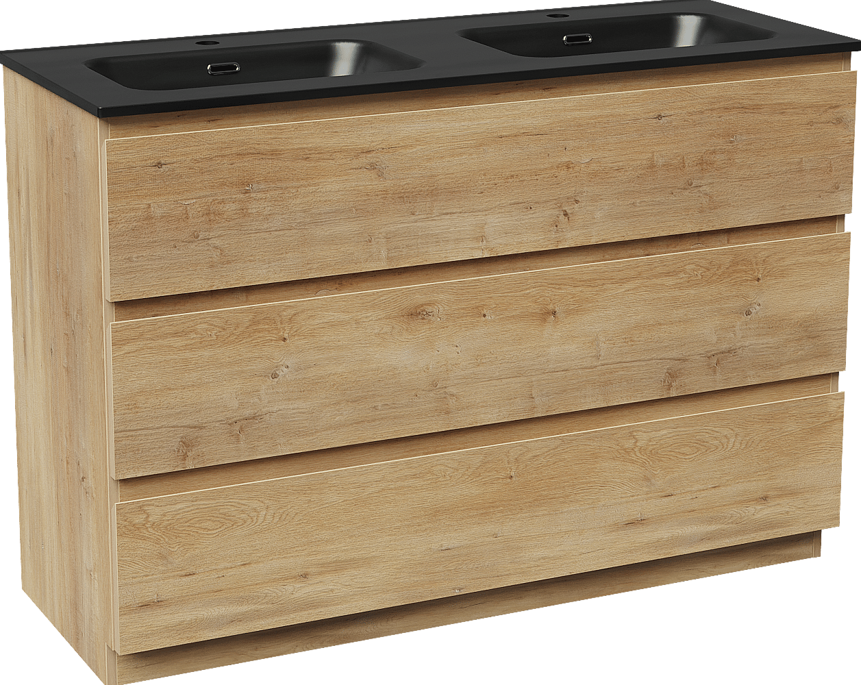 Linie Lado freistehendes Möbelstück Set: 120 x 46 cm, Naturbelassene Eiche, mit Baro Doppelwaschtisch, Porzellan Schwarz matt