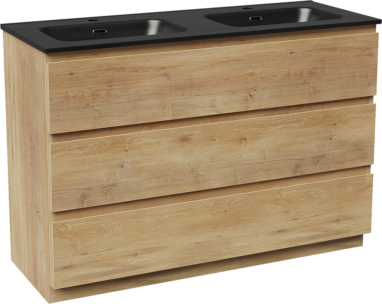 Linie Lado staand badkamermeubel 120 x 46 cm natuur eik met Baro dubbele wastafel in porselein mat zwart