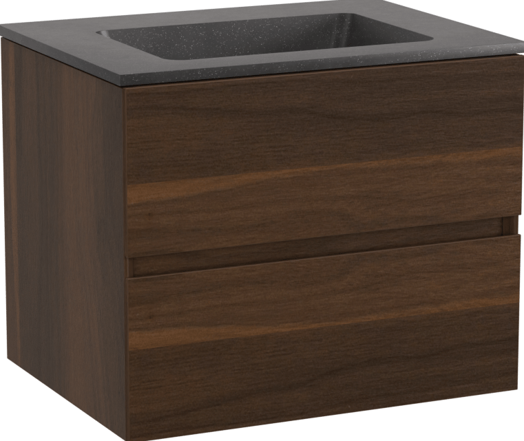 Storke Edge zwevend badmeubel 60 x 46 cm notenhout met Scuro enkele wastafel in kwarts mat zwart