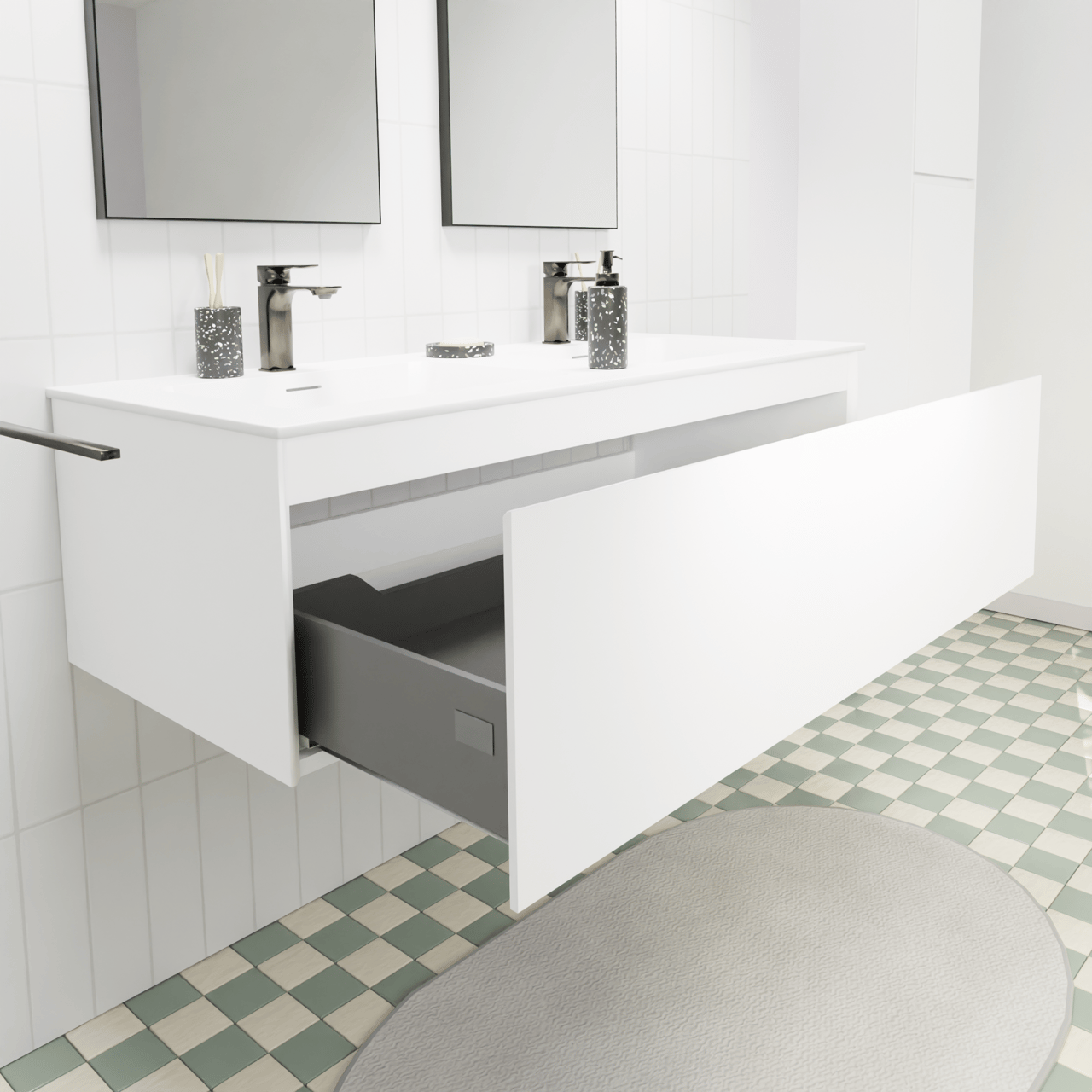 Storke Edge zwevend badkamermeubel 120 x 52 cm mat wit met Mata dubbele wastafel in solid surface mat wit