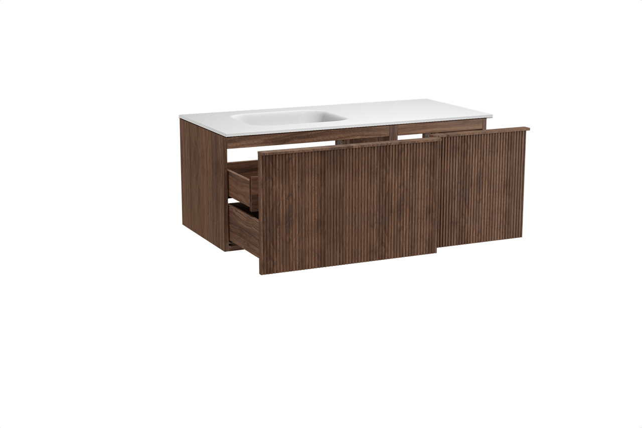 Balmani Forma hängendes Möbelstück Set: 120 x 55 cm, Amerikanischer Nussbaum, mit Tablo Arcato Waschtisch links, Solid Surface, Weiß matt, Vertikale symmetrische gerade Rippe