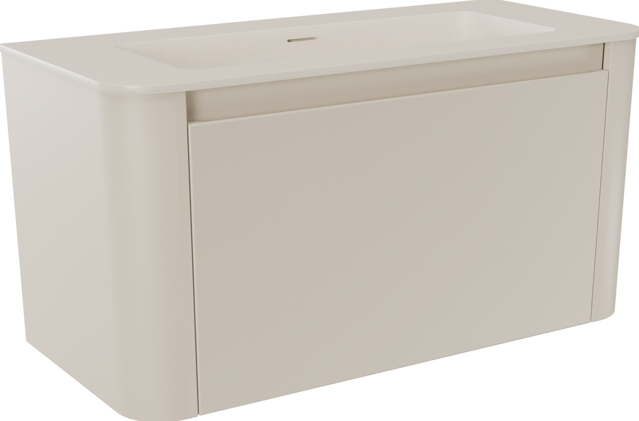Storke Soft hängendes Möbelstück Set: 100 x 46 cm, Sand Matt, mit Mata Soft Einzelwaschtisch Solid Surface Beige Granit