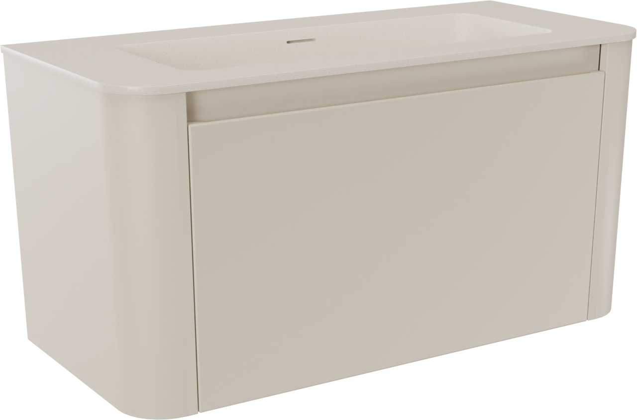 Storke Soft zwevend badkamermeubel 100 x 46 cm Sand mat met Mata Soft enkele wastafel in solid surface beige granita