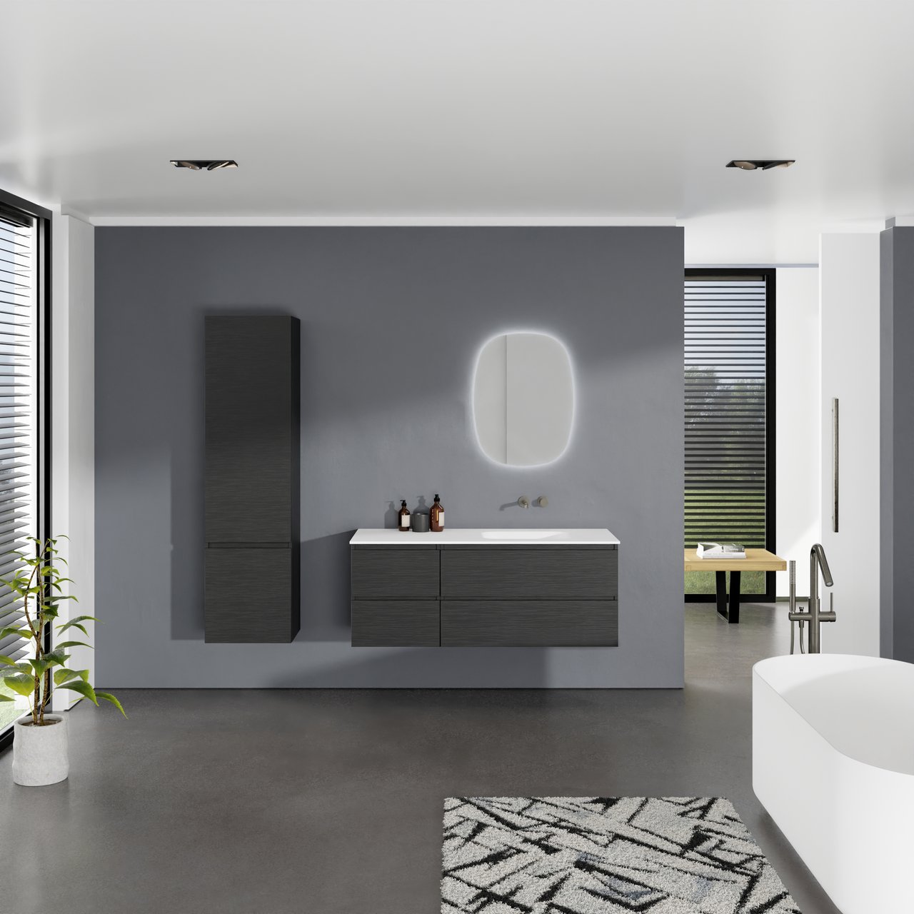 Balmani Lucida meuble salle de bains suspendu 135 x 55 cm chêne noir avec Tablo Arcato vasque asymétrique droite en solid surface blanc mat