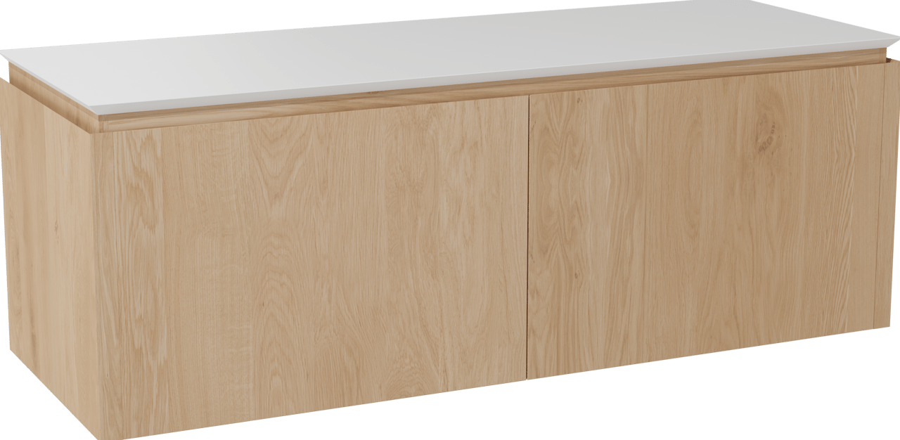 Balmani Eclips meuble salle de bains suspendu 150 x 55 cm Chêne naturelle avec Eclips tablette simple ou double vasque en Solid Surface blanc mat