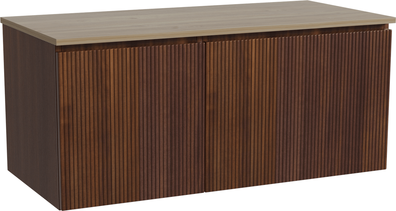 Storke Ribs zwevend badmeubel 110 x 52 cm notenhout met Panton enkel wastafelblad in melamine ruw eiken, Verticale symmetrische rechte ribbel