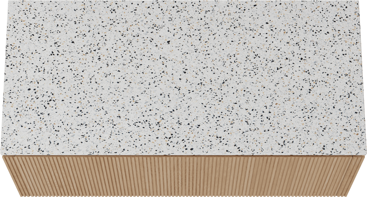 Balmani Eclips zwevend badkamermeubel 120 x 55 cm Natuur eik met Stretto enkel of dubbel tablet in Bianco Nero Terrazzo, Verticale symmetrische rechte ribbel