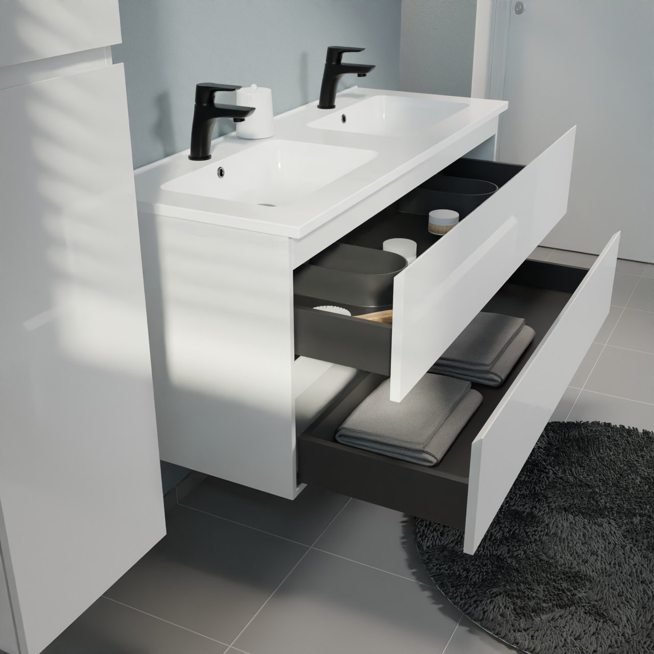 Linie Lado meuble salle de bains suspendu 120 x 46 cm blanc brillant avec Vano double vasque en marbre composite blanc brillant