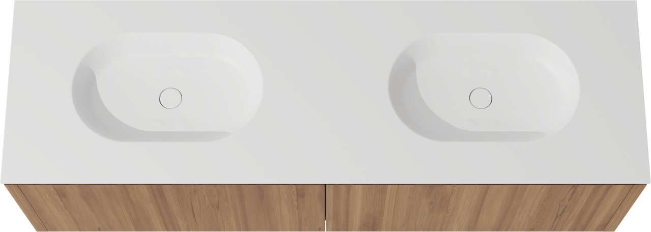 Balmani Eclips meuble salle de bains suspendu 180 x 55 cm Teck avec Tablo Oval double vasque en Solid Surface blanc mat