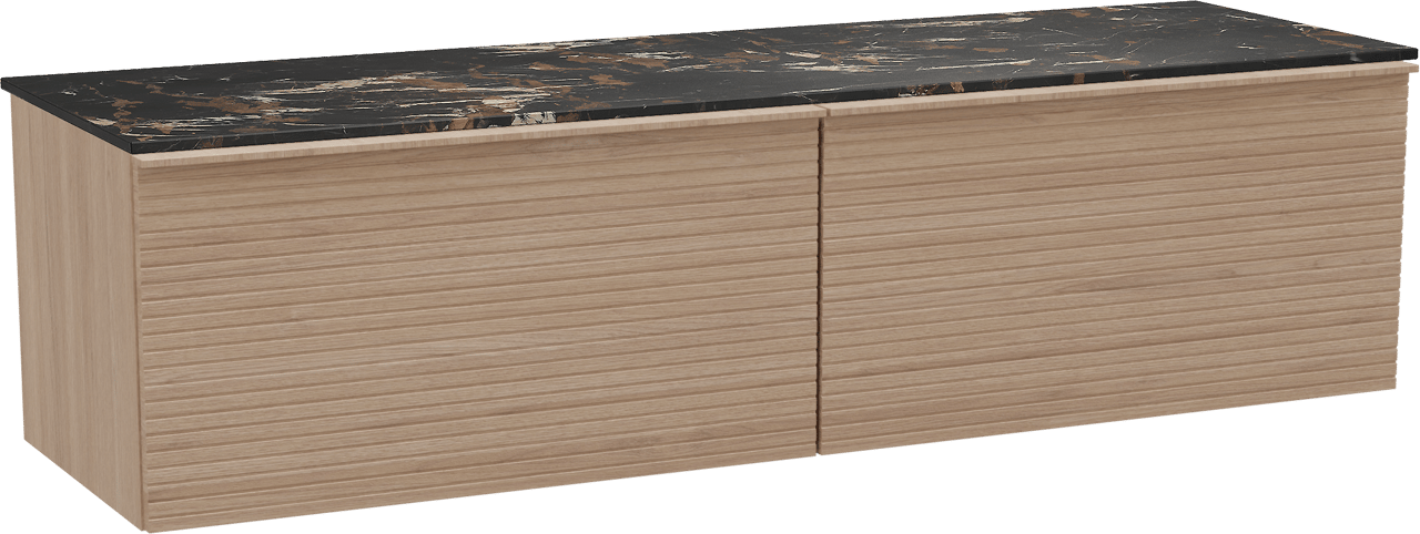 Balmani Forma zwevend badmeubel 180 x 55 cm naturel eiken met Stretto enkel of dubbel wastafelblad in marmer portoro gold, Horizontale symmetrische rechte ribbel