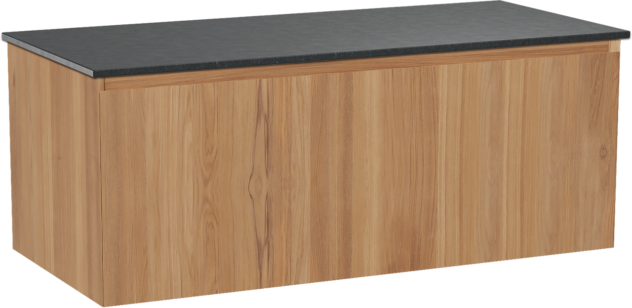 Balmani Idra hängendes Möbelstück Set: 120 x 55 cm, Teak, mit Stretto Einzel Waschtischplatte, Schwarzes Granit