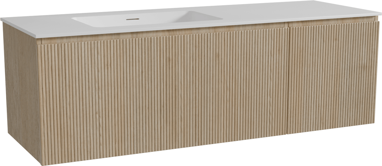 Storke Ribs hängendes Möbelstück Set: 150 x 52 cm, Rohe Eiche, mit Mata Waschtisch links, Solid Surface, Weiß matt, Vertikale symmetrische gerade Rippe