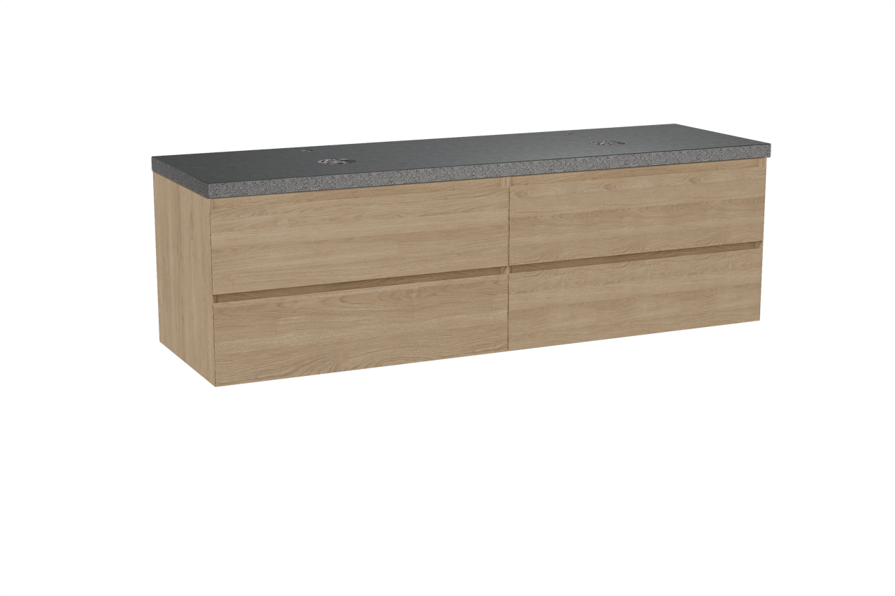 Balmani Mitra hängendes Möbelstück Set: 180 x 55 cm, Naturbelassene Eiche, mit Rock Doppel Waschtischplatte, Schwarzes Granit