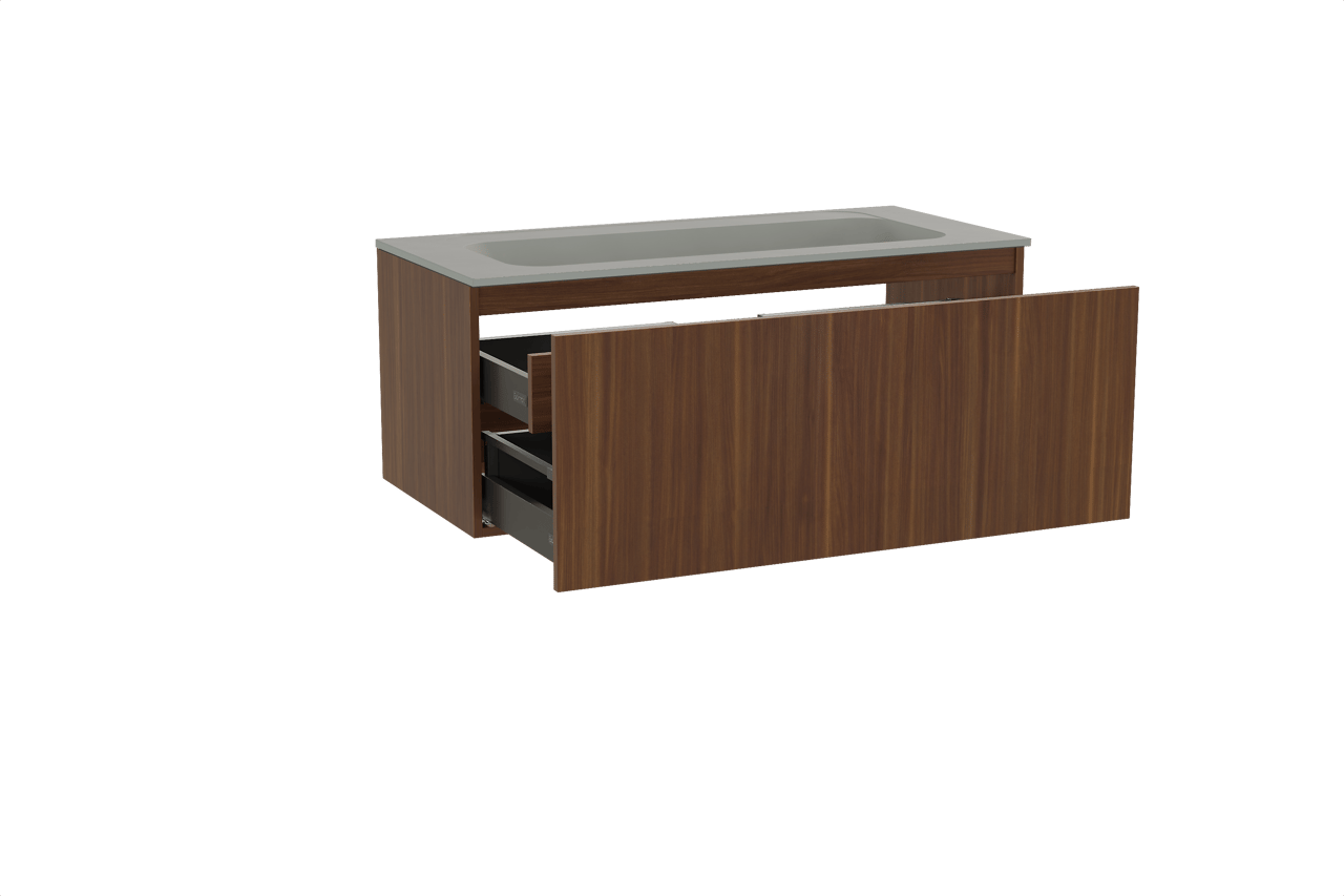 Balmani Sfera zwevend badkamermeubel 120 x 55 cm amerikaanse notelaar met Tablo Strada enkele wastafel voor 2 kraangaten in composietmarmer zijdegrijs