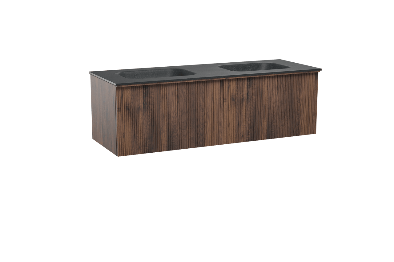 Balmani Forma meuble salle de bains suspendu 150 x 55 cm noyer américain avec Tablo Arcato double vasque en granit noir, Nervure droite symétrique verticale