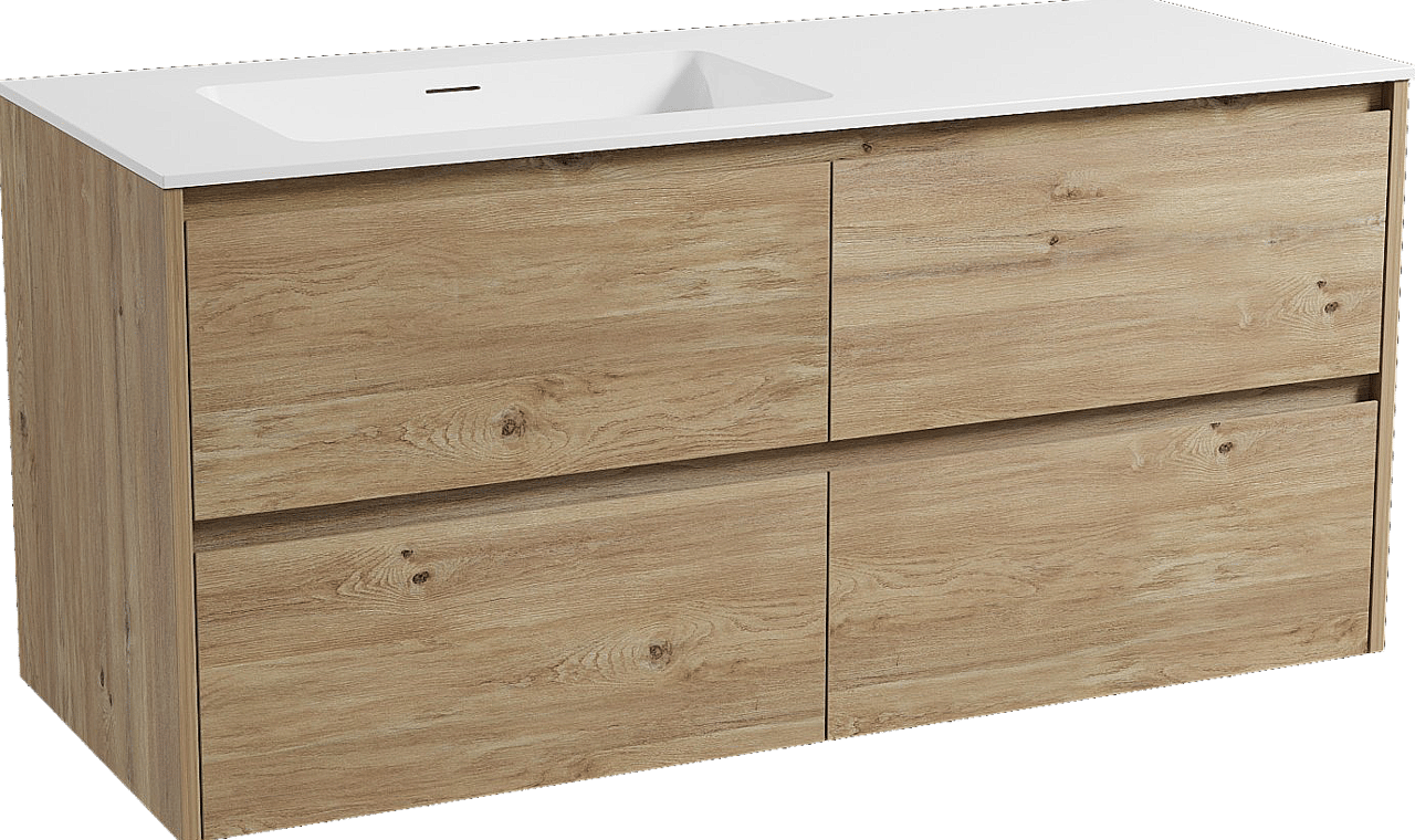 Storke Seda hängendes Möbelstück Set: 130 x 52 cm, Rohe Eiche, mit Mata Waschtisch links, Solid Surface Weiß matt