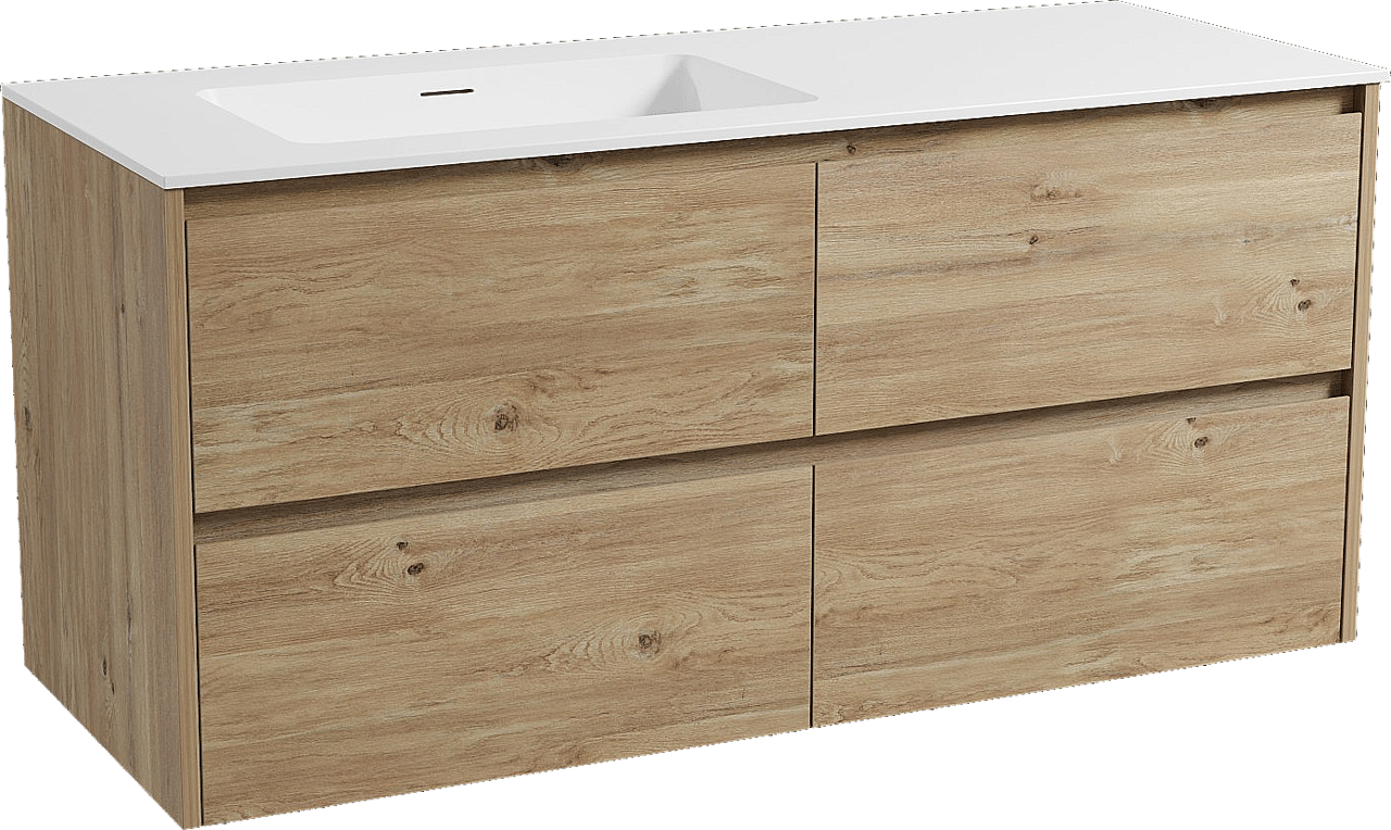 Storke Seda zwevend badkamermeubel 130 x 52 cm ruwe eik met Mata asymmetrisch linkse wastafel in solid surface mat wit