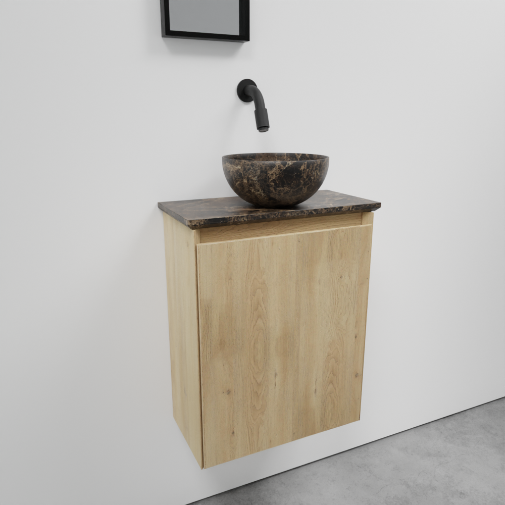 Balmani Mitra zwevend toiletmeubel 42 x 21 cm natuur eik met Facetta tablet en Bari XS waskom in Dark Emperador marmer