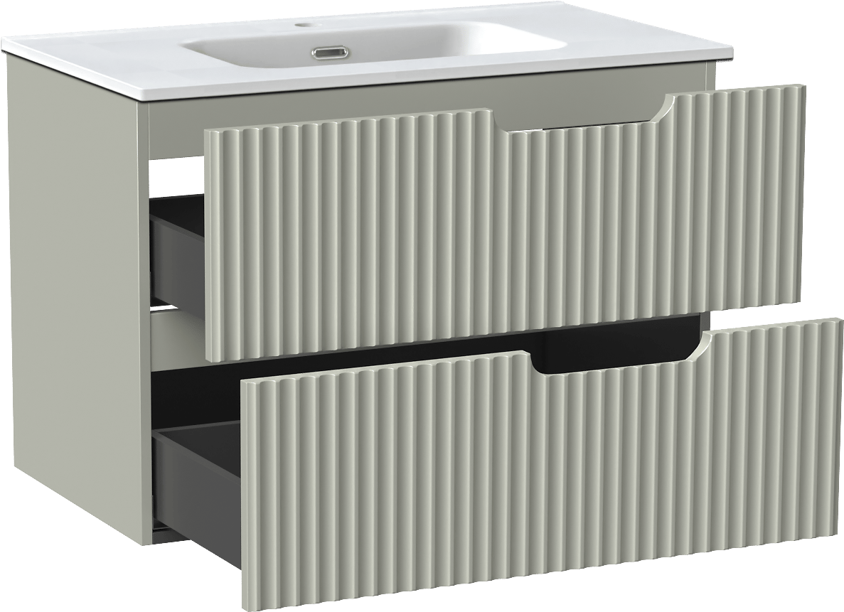 Linie Ribbo hängendes Möbelstück Set: 80 x 46 cm, Greige, mit Baro Einzelwaschtisch, Porzellan, Weiß matt, Vertikale symmetrische runde Rippe