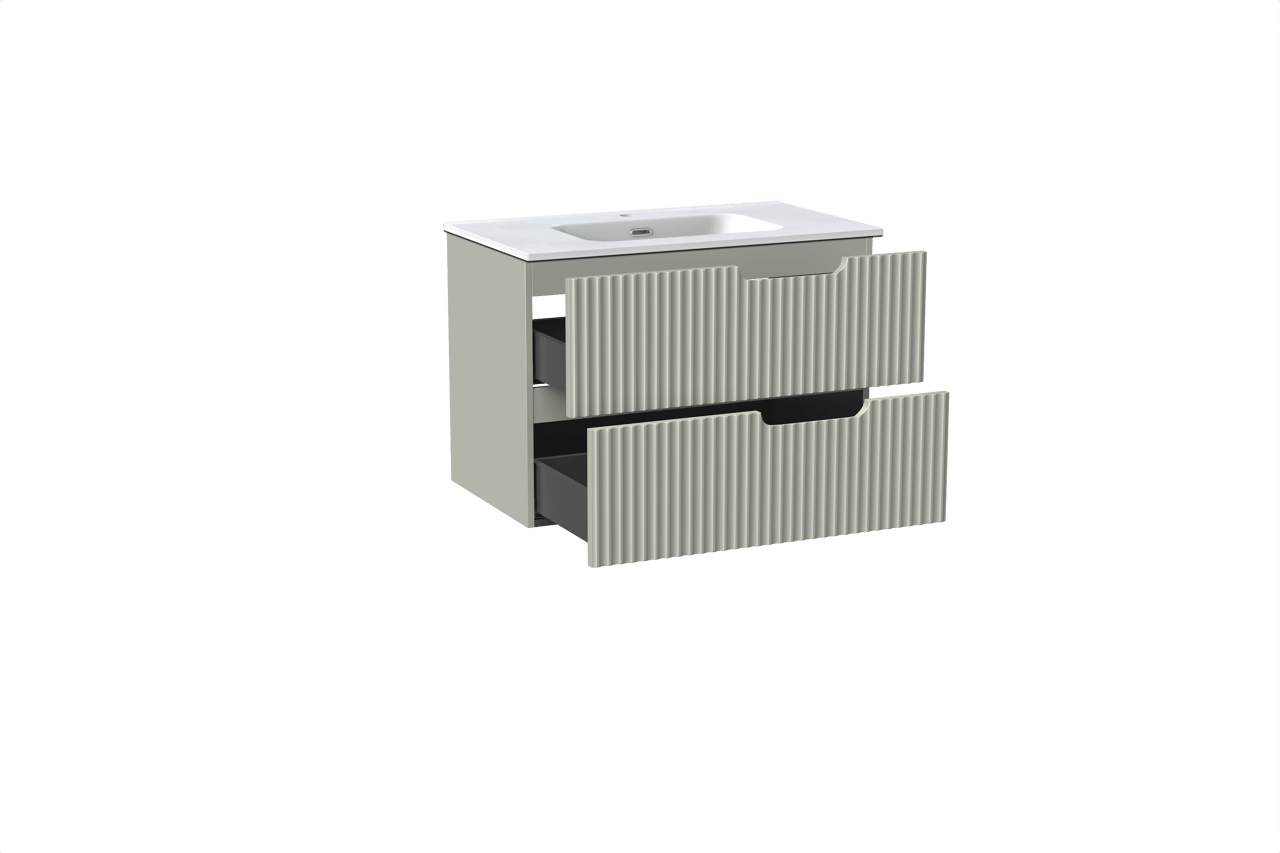 Linie Ribbo hängendes Möbelstück Set: 80 x 46 cm, Greige, mit Baro Einzelwaschtisch, Porzellan, Weiß matt, Vertikale symmetrische runde Rippe