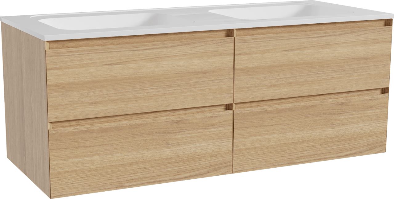 Balmani Mitra meuble salle de bains suspendu 135 x 55 cm chêne naturel avec Tablo Strada double vasque en marbre composite blanc brillant